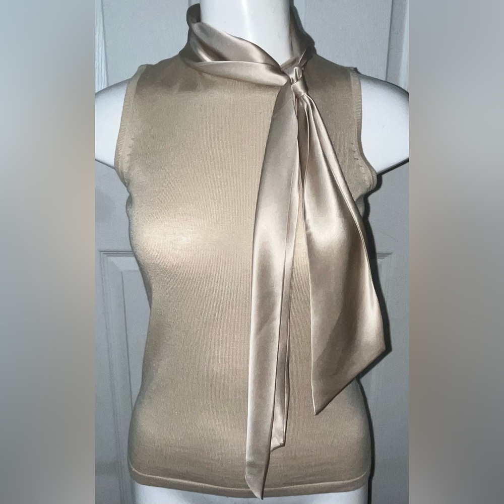Banana Republic Tan Bow Self Tie Silk Cashmere Blouse size Medium